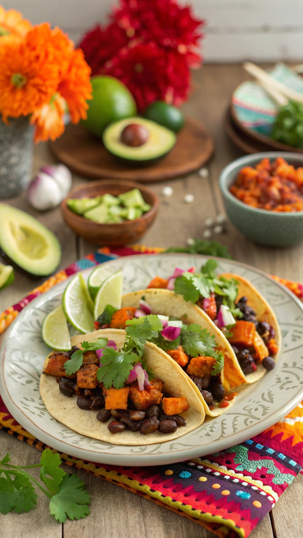 Sweet potato and black bean tacos with garnishes on a colorful table setting