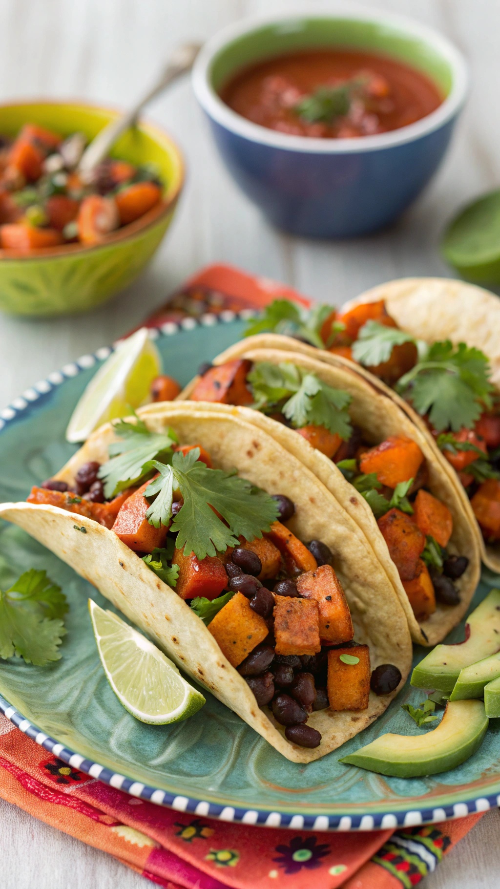 Sweet potato and black bean tacos served with lime and avocado on a colorful plate