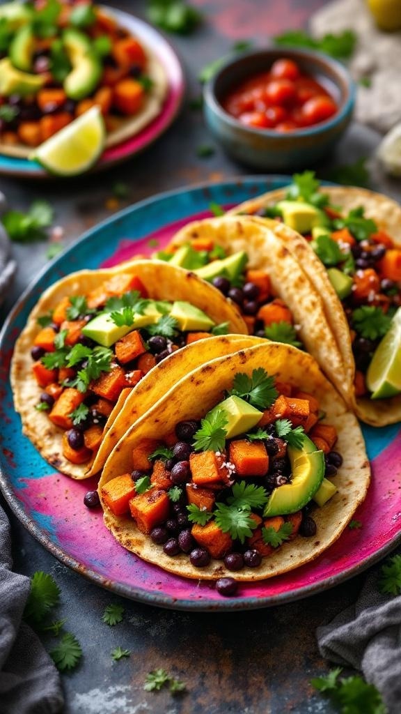 Colorful sweet potato and black bean tacos topped with avocado and cilantro on a vibrant plate.