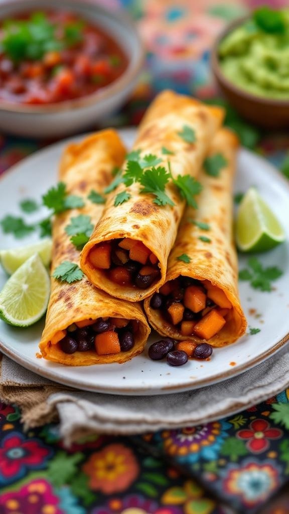 A plate of sweet potato and black bean taquitos garnished with cilantro and lime, served with salsa and guacamole.