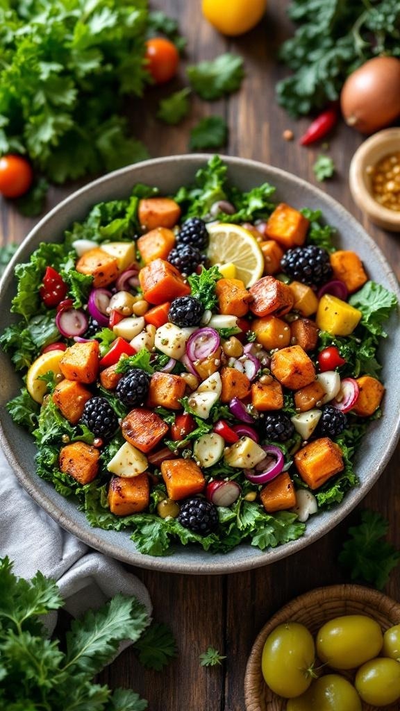 A colorful Sweet Potato and Kale Salad with blackberries and cherry tomatoes.