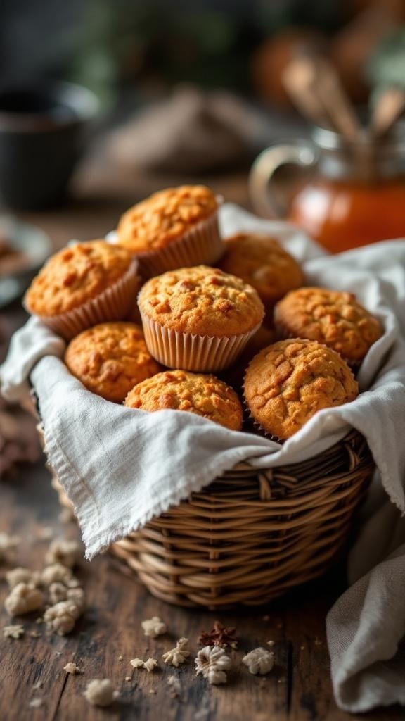 A basket of freshly baked sweet potato muffins on a rustic wooden table.