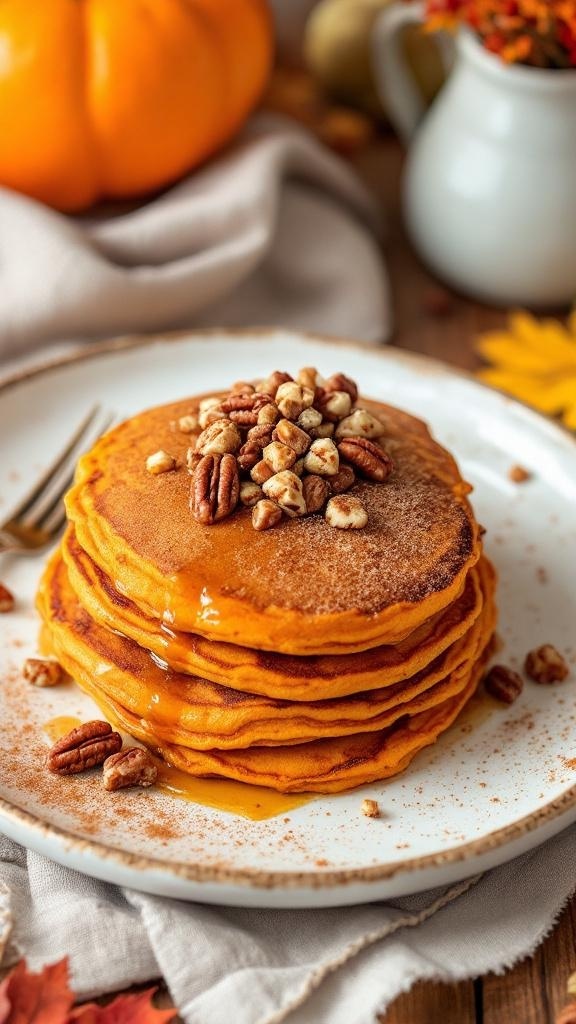 A stack of sweet potato pancakes topped with nuts and syrup, surrounded by autumn decor.