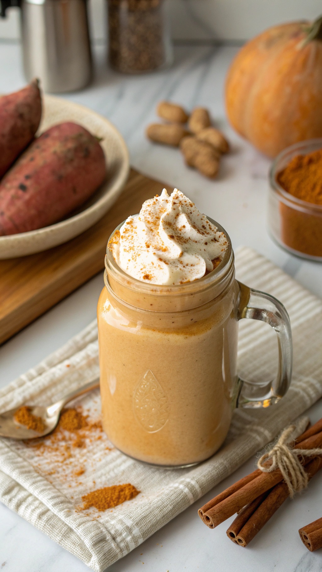 A Sweet Potato Pie Smoothie topped with whipped cream and cinnamon, surrounded by sweet potatoes and spices.