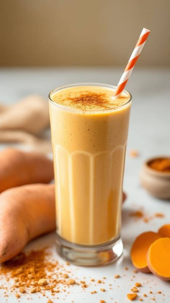 A delicious sweet potato smoothie in a glass with a straw, surrounded by sweet potatoes and spices.