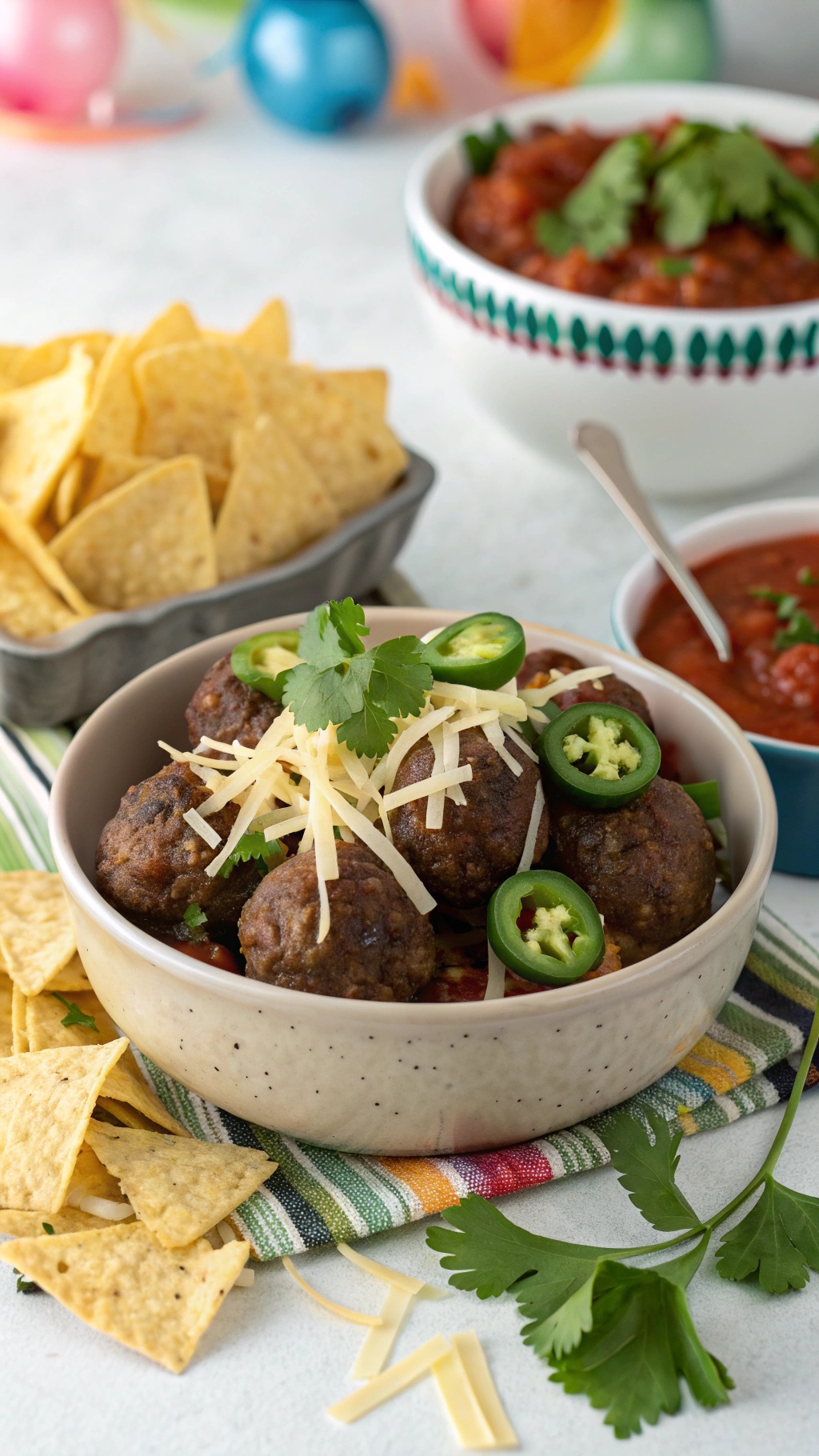A bowl of taco meatballs topped with cheese and jalapeños, served with tortilla chips and salsa.