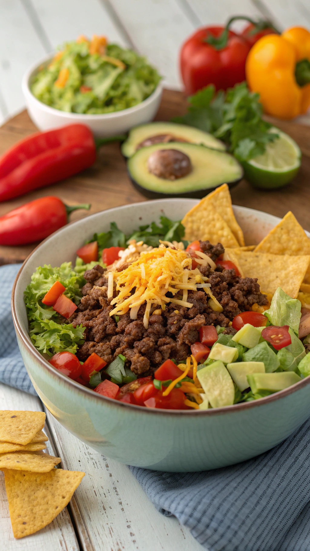 A colorful taco salad with ground beef, fresh vegetables, cheese, and tortilla chips in a bowl.