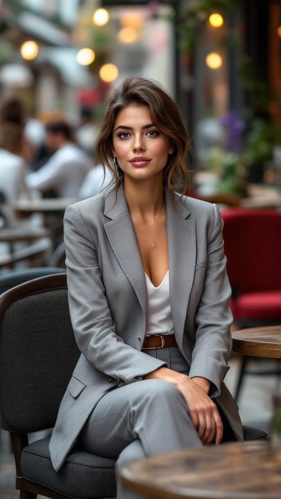 A woman wearing a light gray tailored blazer and slim fit trousers, sitting at a café.