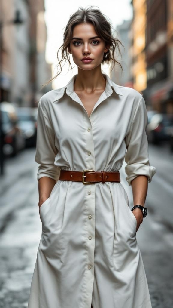 A model wearing a tailored shirt dress with a leather belt, standing in an urban street.