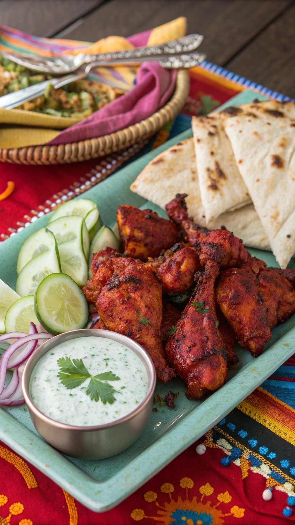 Baked tandoori chicken served with cucumber slices, lime wedges, and a creamy dipping sauce.