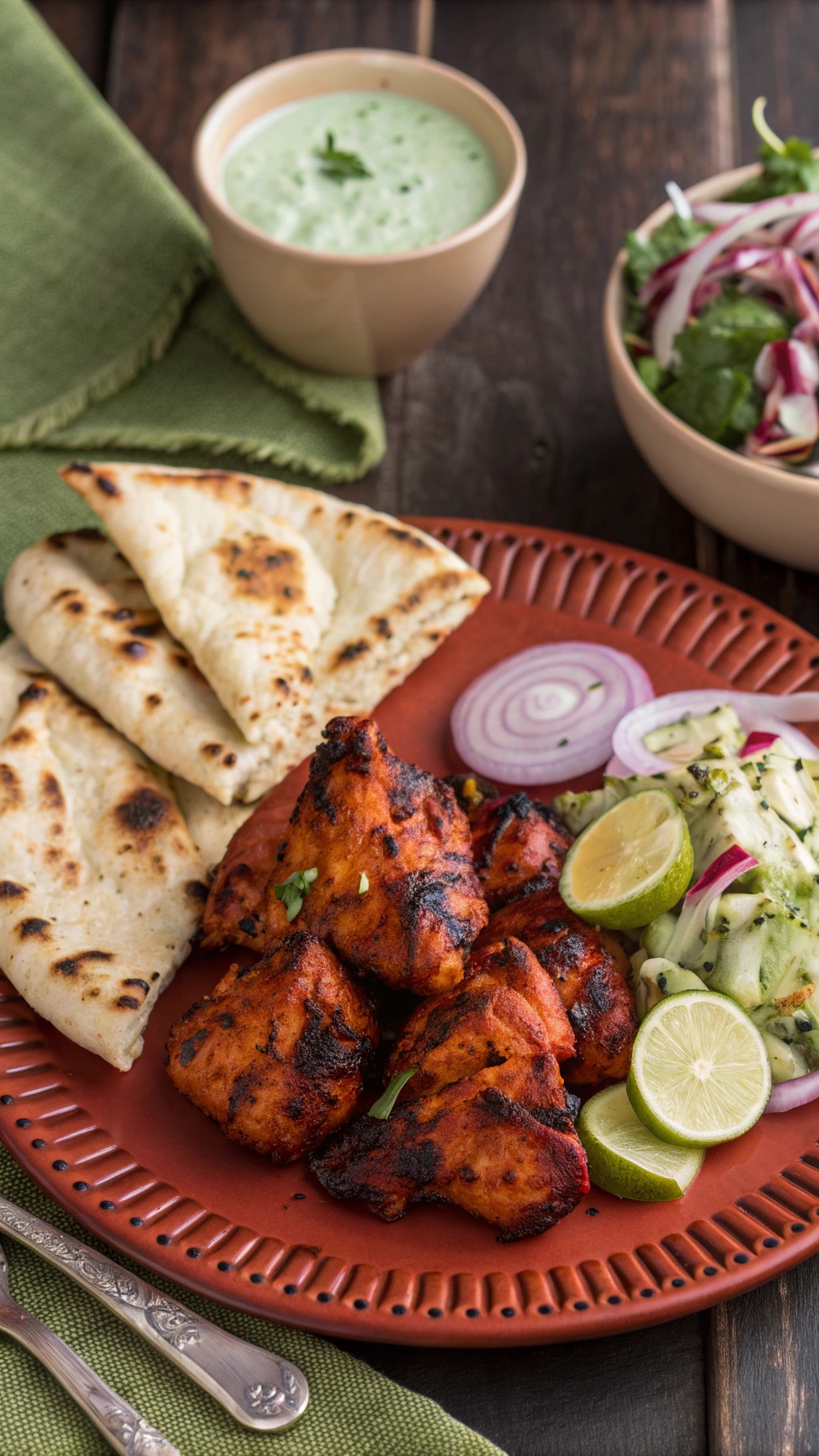 A plate of tandoori chicken served with naan, salad, and mint yogurt sauce.