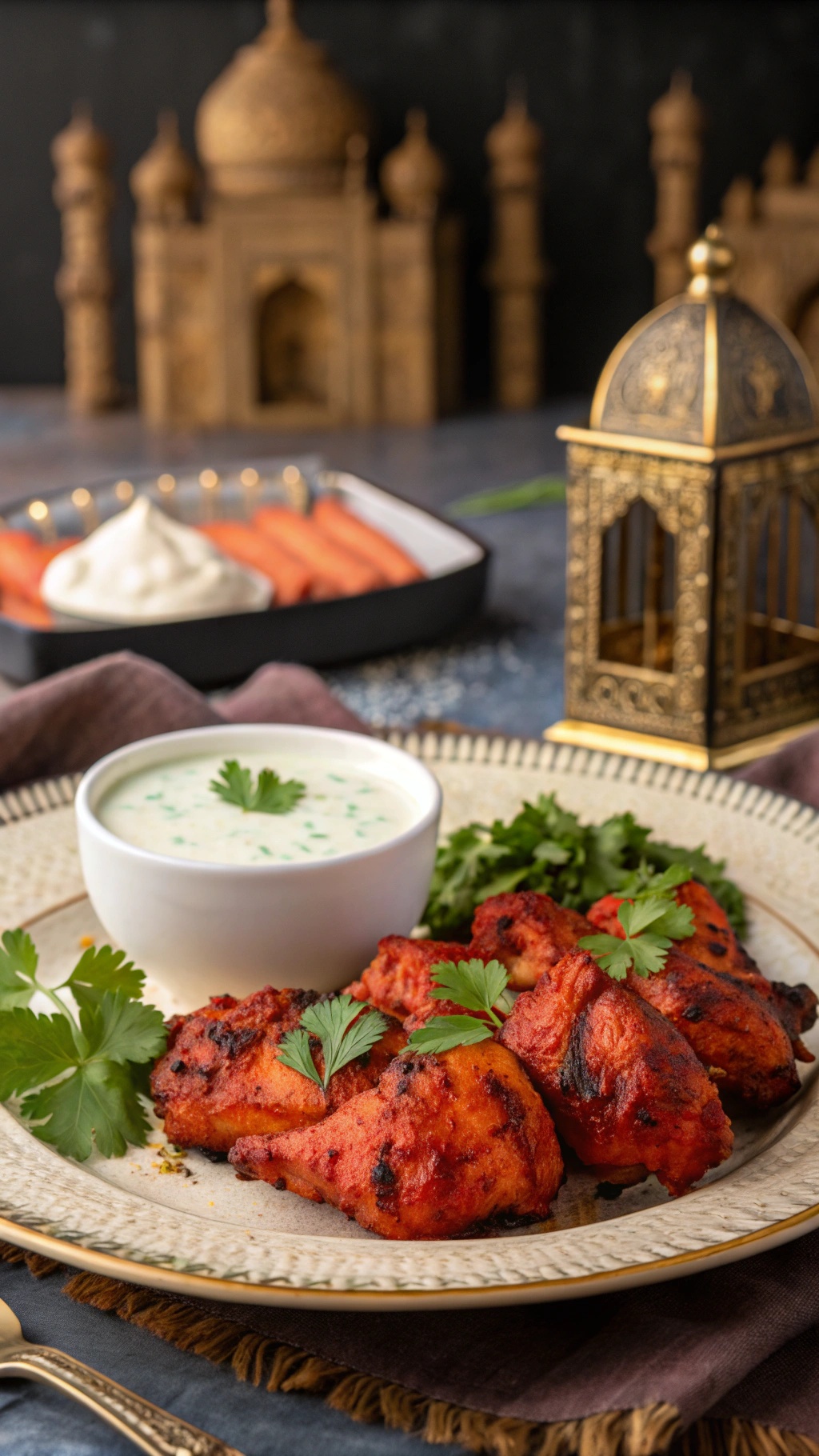 Grilled tandoori chicken served with yogurt sauce and garnished with cilantro.
