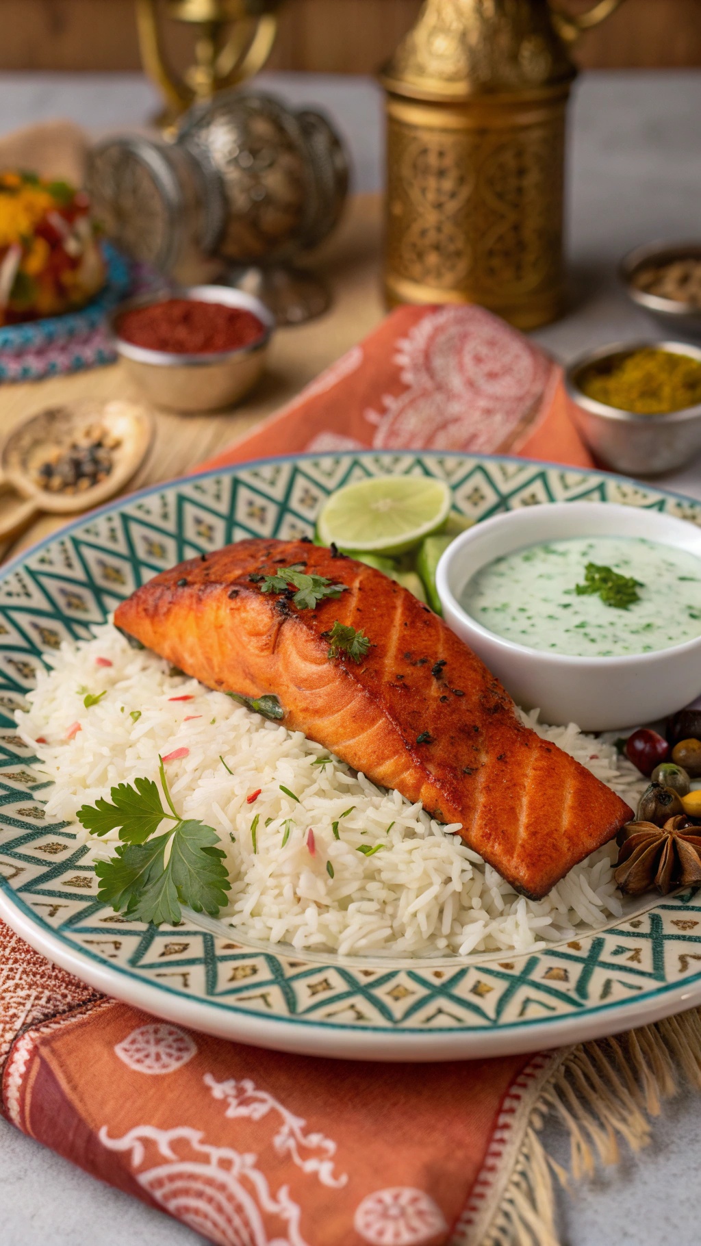 A plate of tandoori salmon served with rice and mint yogurt sauce, garnished with cilantro and lime.