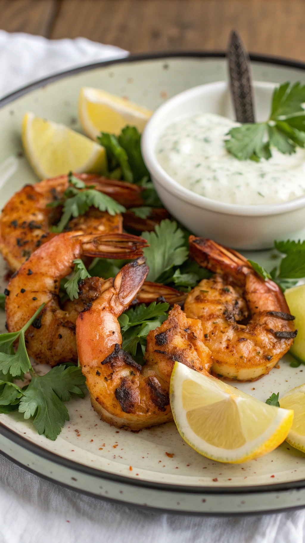 Tandoori shrimp served with yogurt sauce and lemon wedges on a plate.