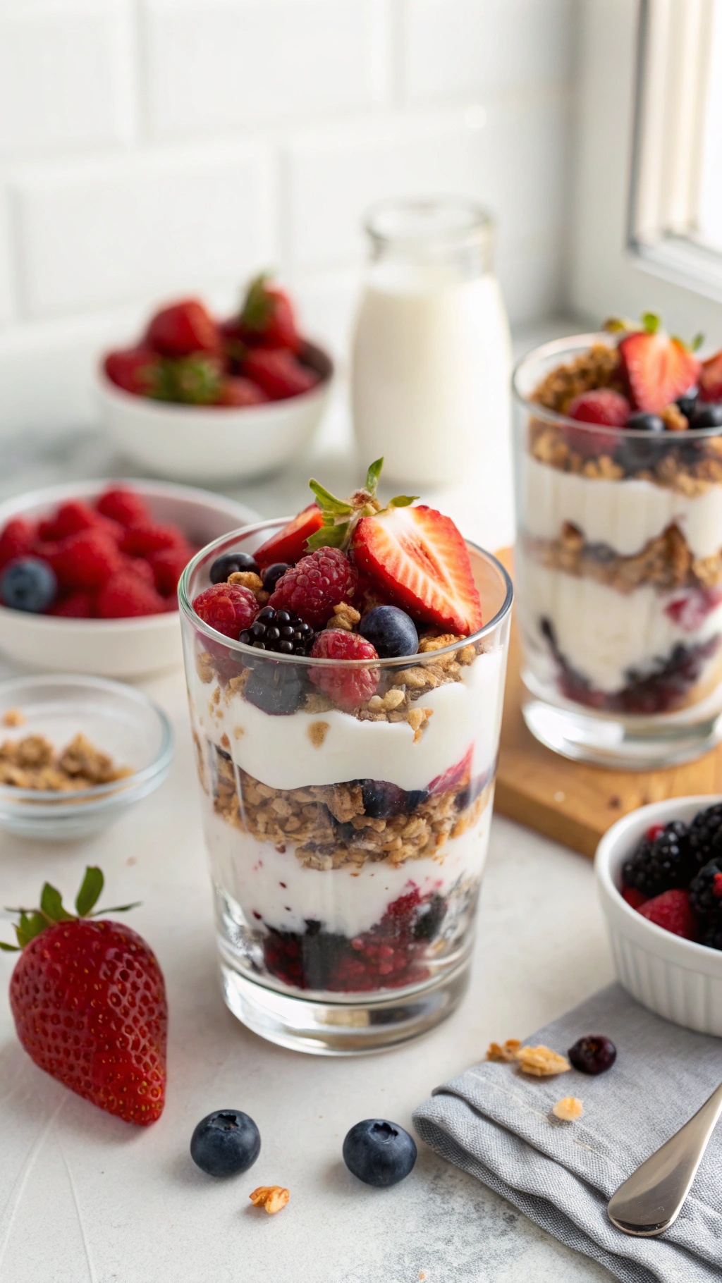 A delicious Greek yogurt parfait with layers of yogurt, berries, and granola.