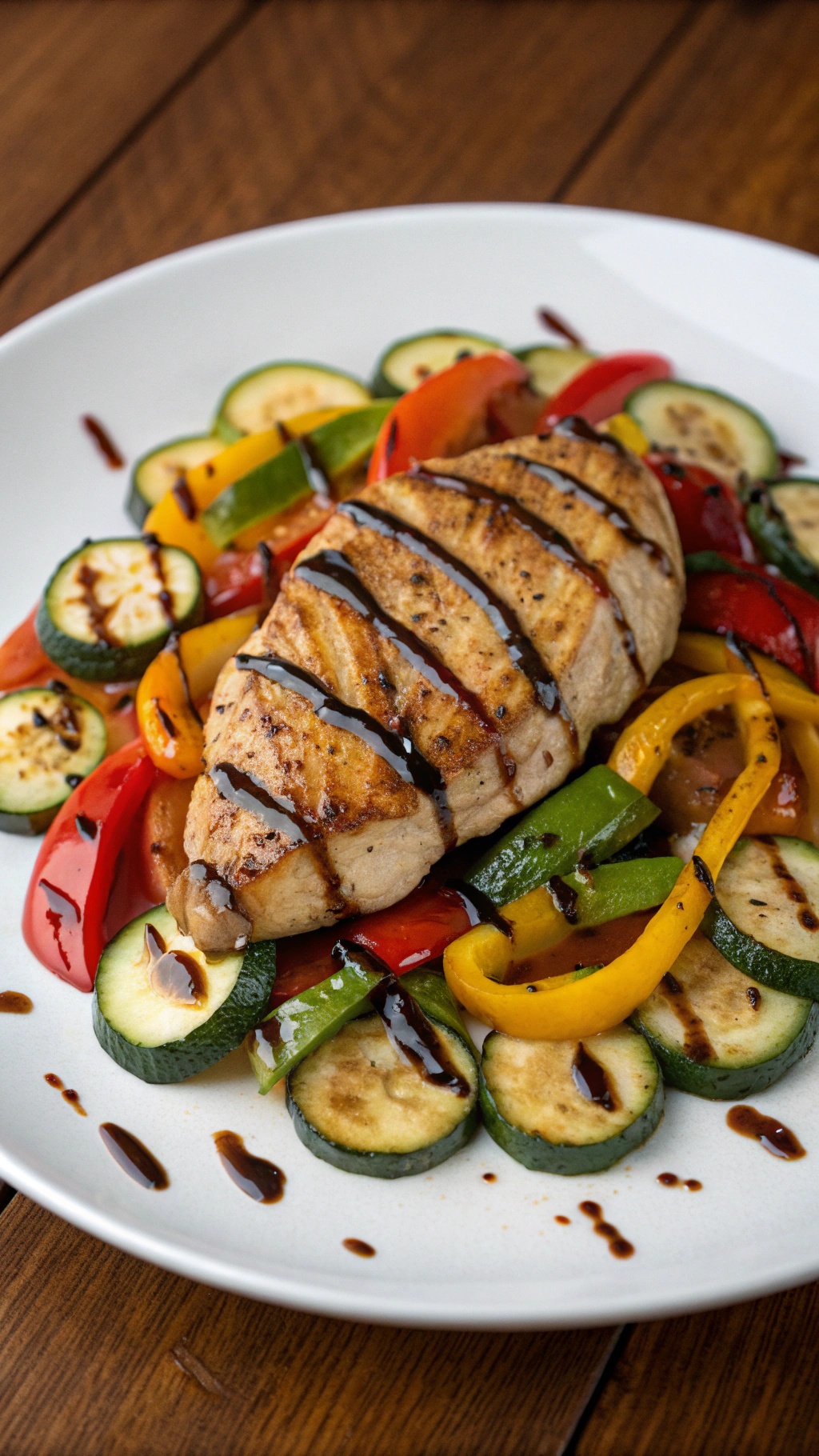 A plate of grilled balsamic glazed chicken served with colorful grilled vegetables.
