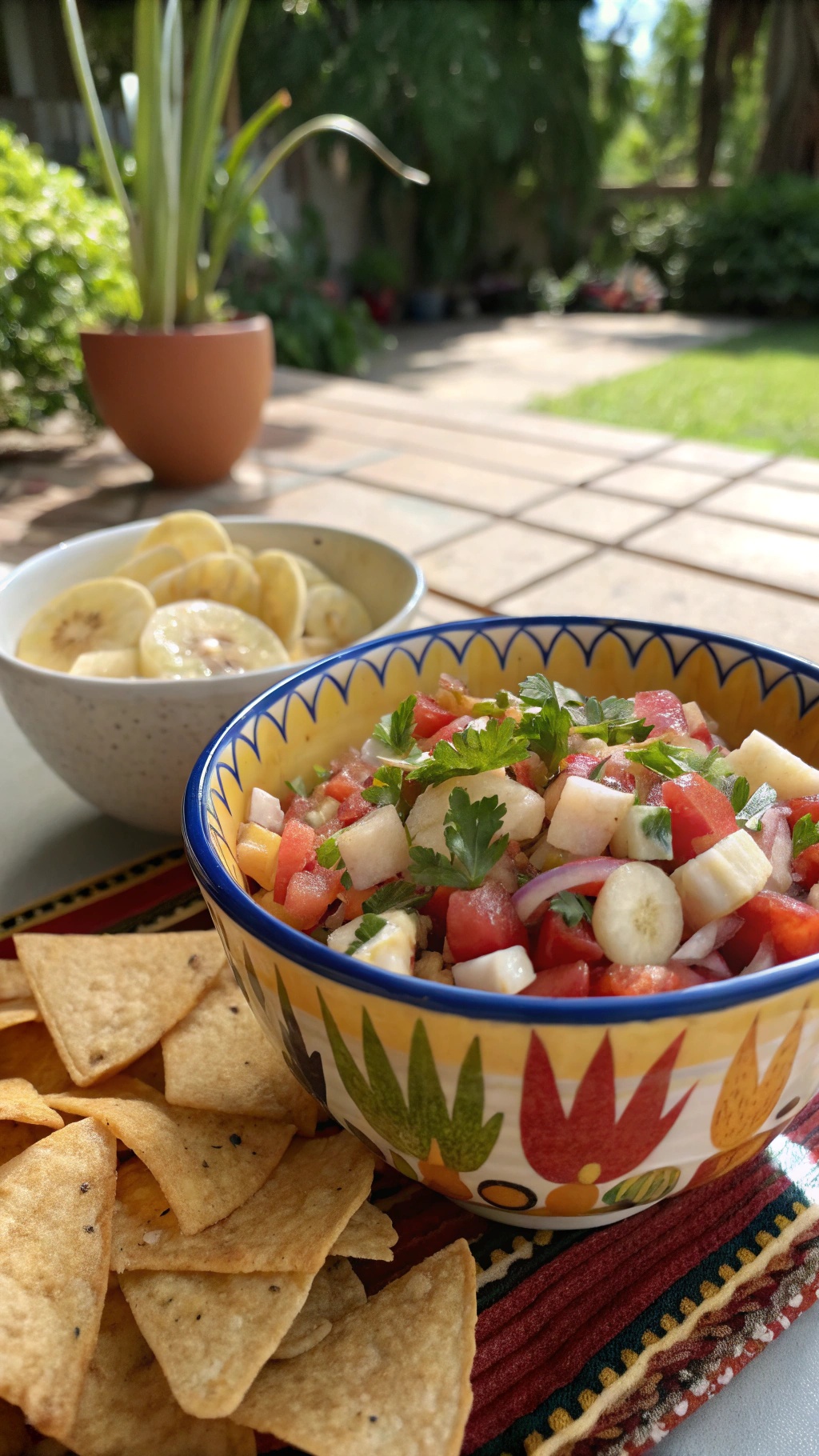 A colorful bowl of tangy banana salsa with diced tomatoes, onions, and cilantro, served with tortilla chips.
