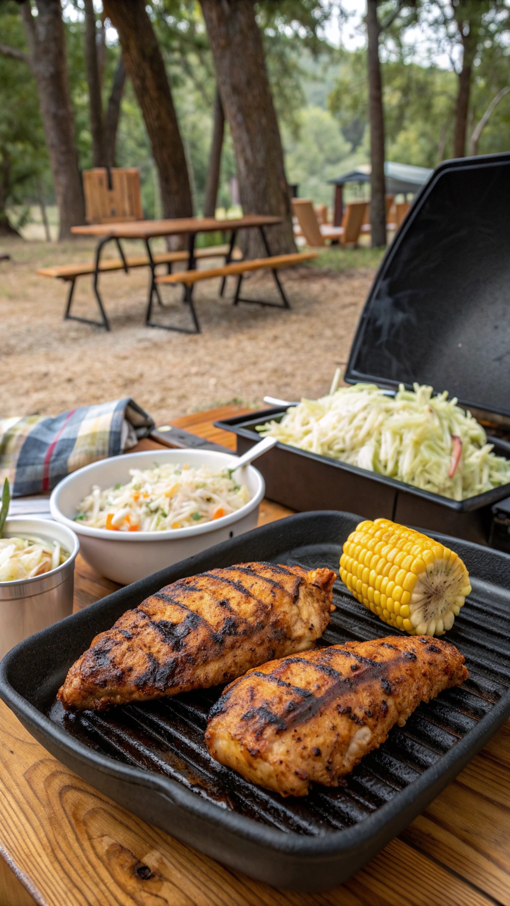 Grilled chicken breasts with barbecue sauce, corn on the cob, and coleslaw on a wooden table.