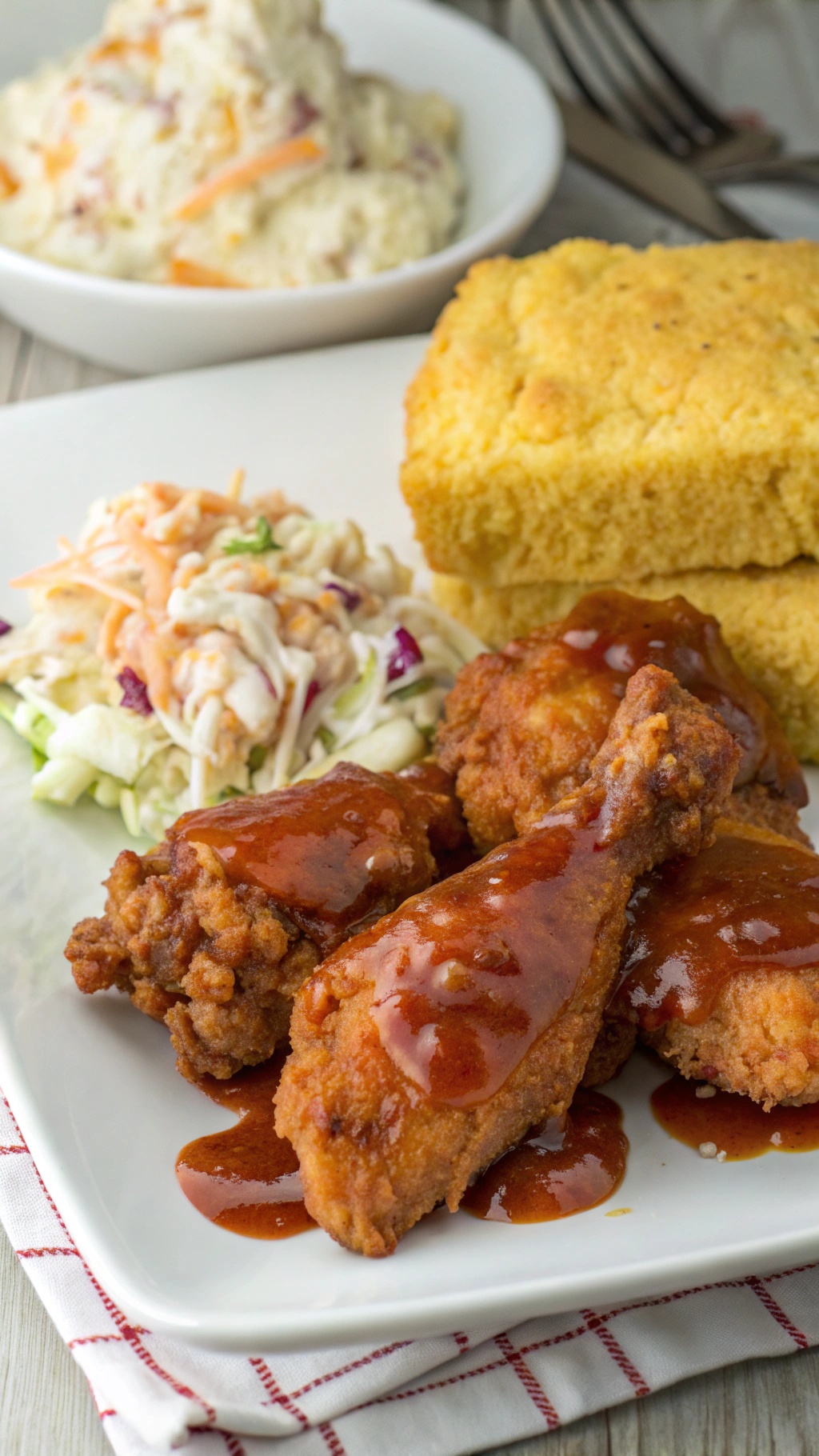 A plate of BBQ baked chicken with sides of coleslaw and cornbread.