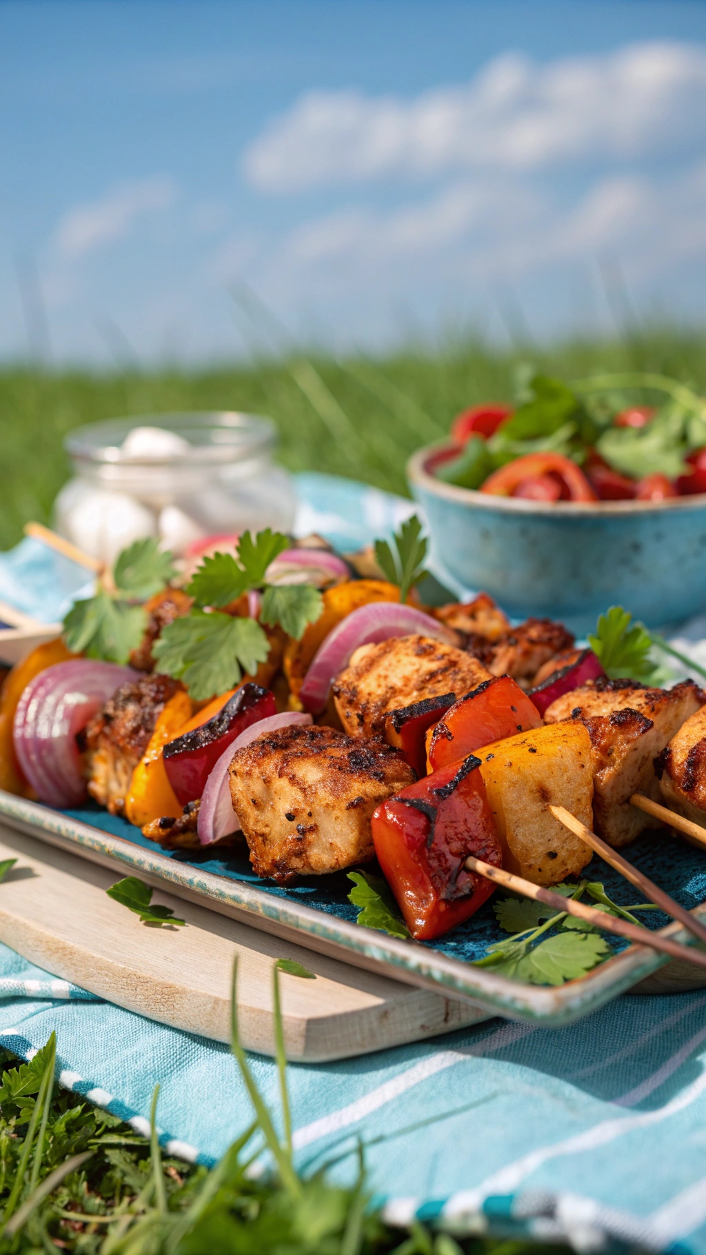 Tangy BBQ Chicken Skewers with colorful vegetables on a platter