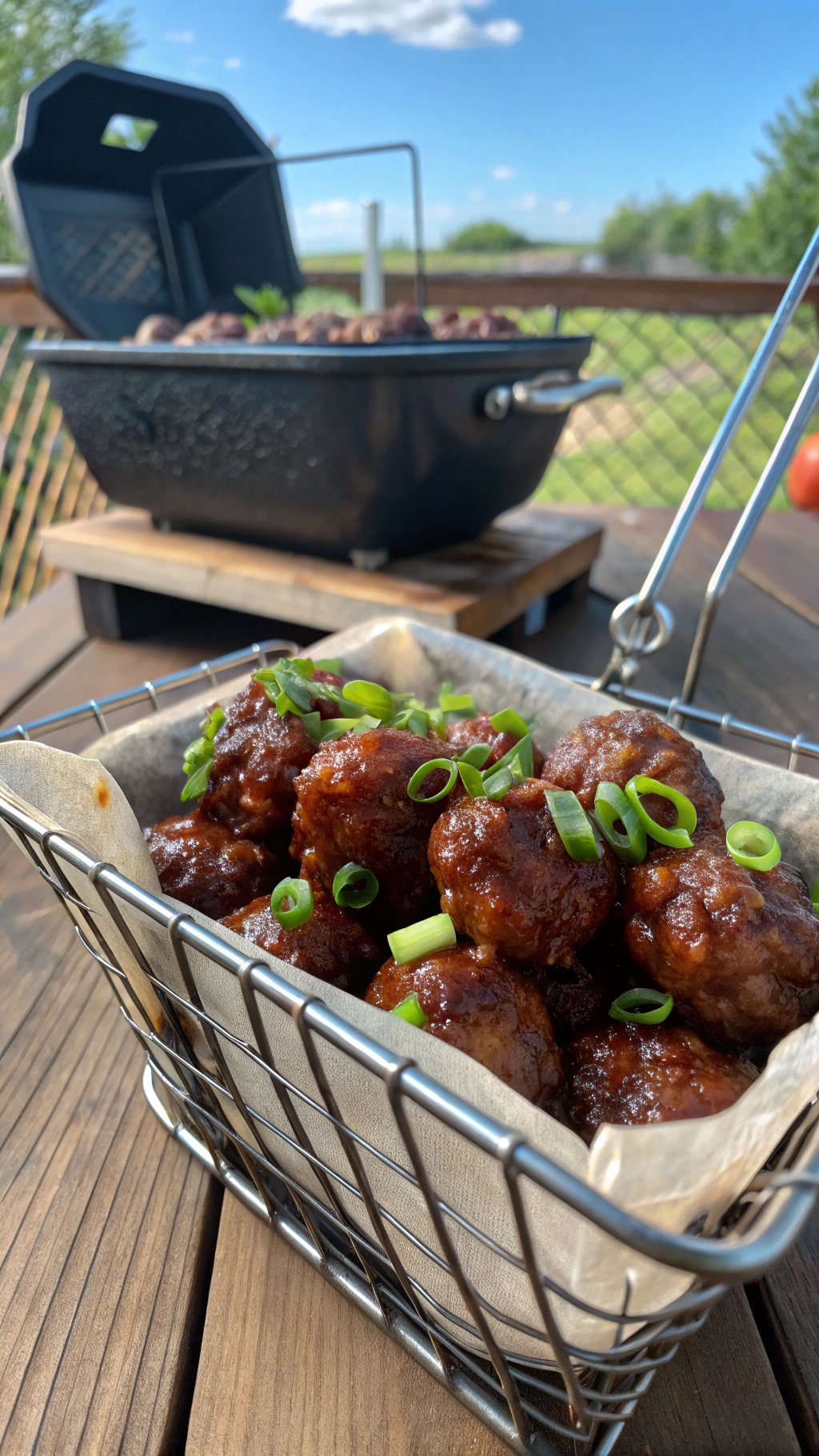 A basket of tangy BBQ meatballs garnished with green onions, with a grill in the background.