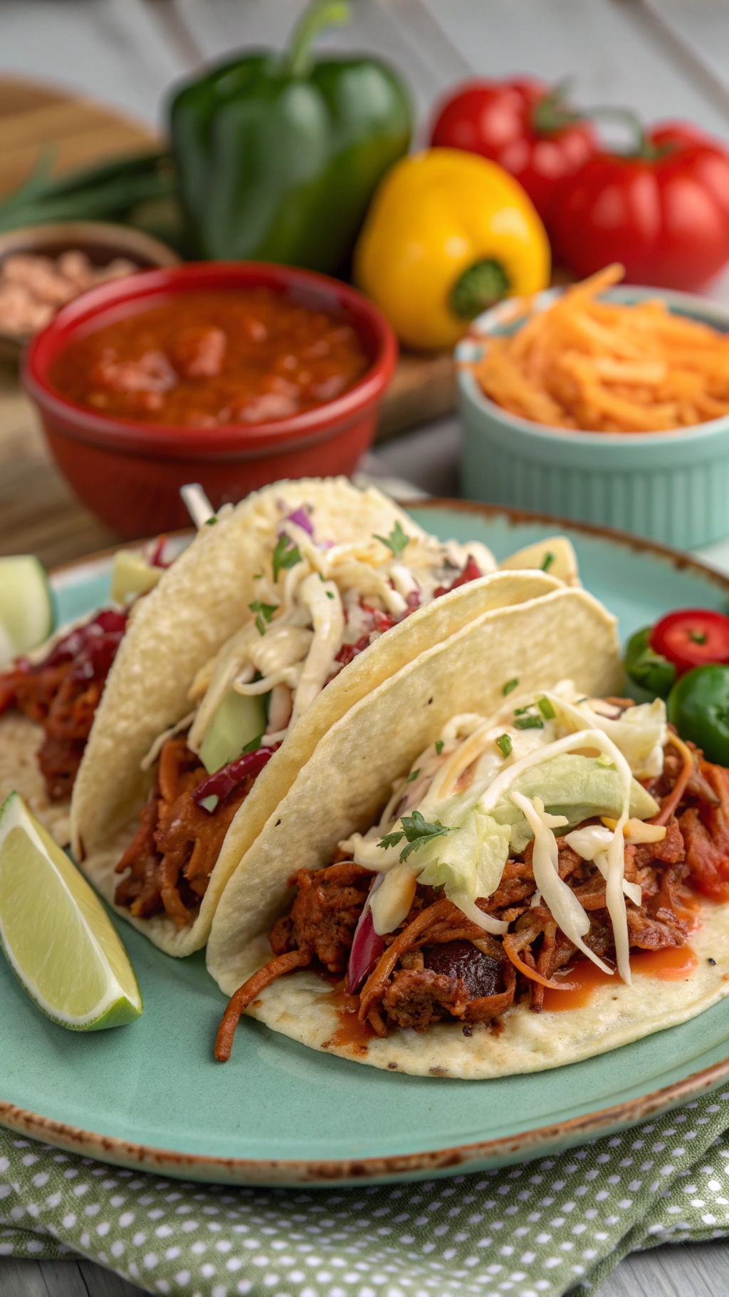 Tangy BBQ Pulled Jackfruit Tacos with colorful toppings and sides