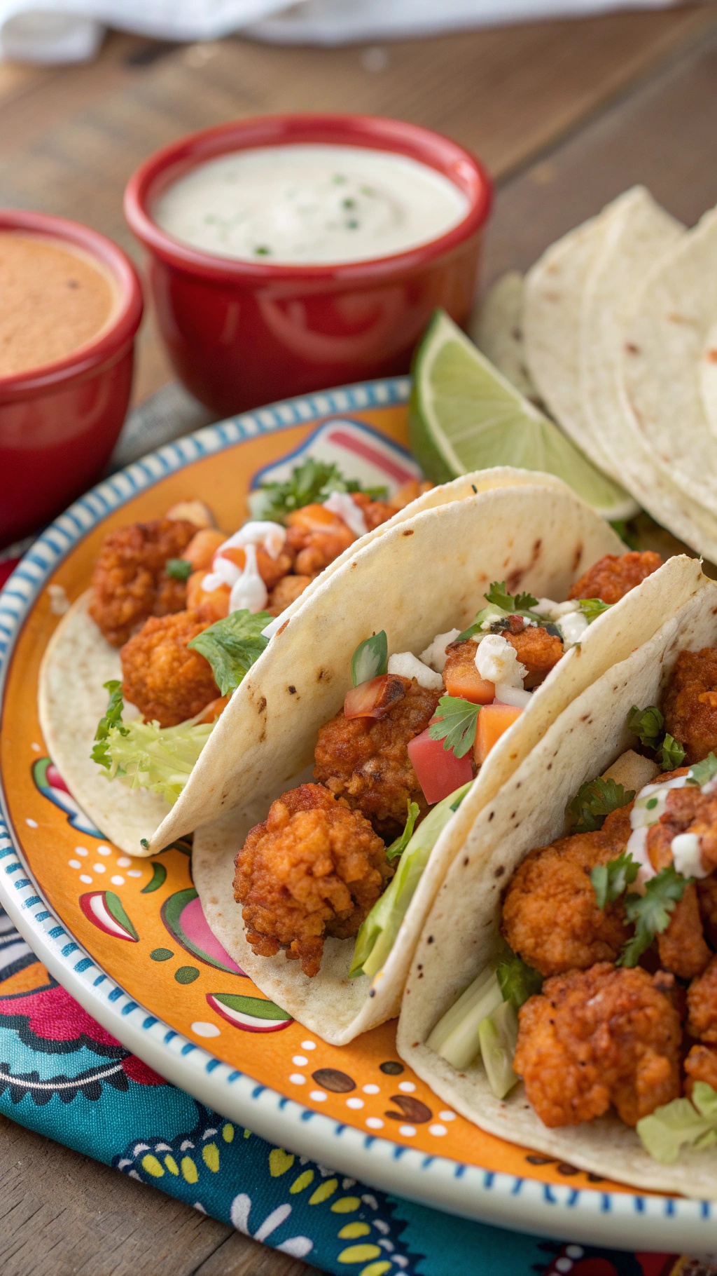 Plate of Tangy Buffalo Cauliflower Tacos with dipping sauces and lime wedges