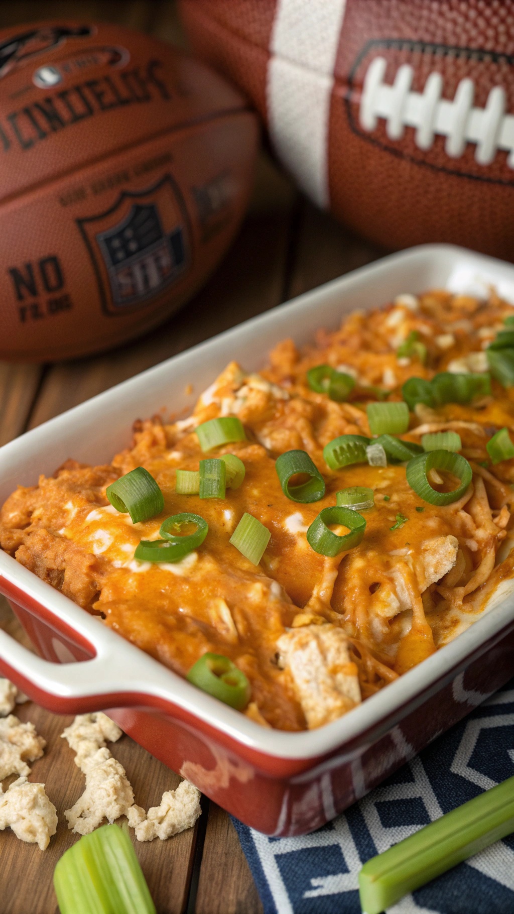 A delicious buffalo chicken casserole topped with green onions, surrounded by footballs.
