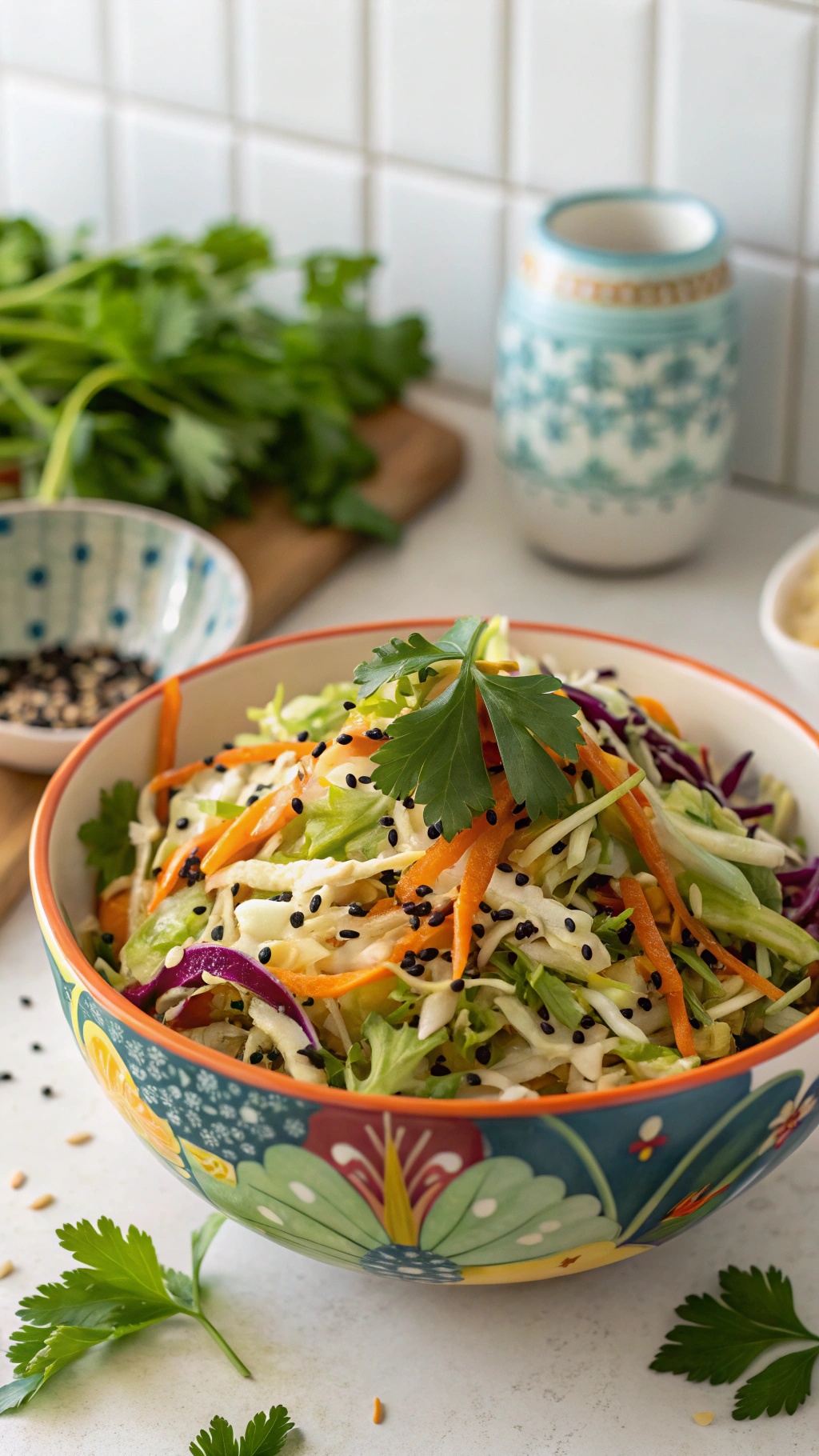 A colorful bowl of tangy cabbage and carrot slaw with sesame seeds and fresh herbs.