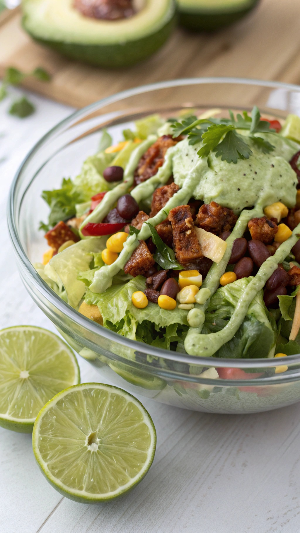 A vibrant vegan taco salad topped with tangy cilantro lime dressing, featuring fresh vegetables and avocado.