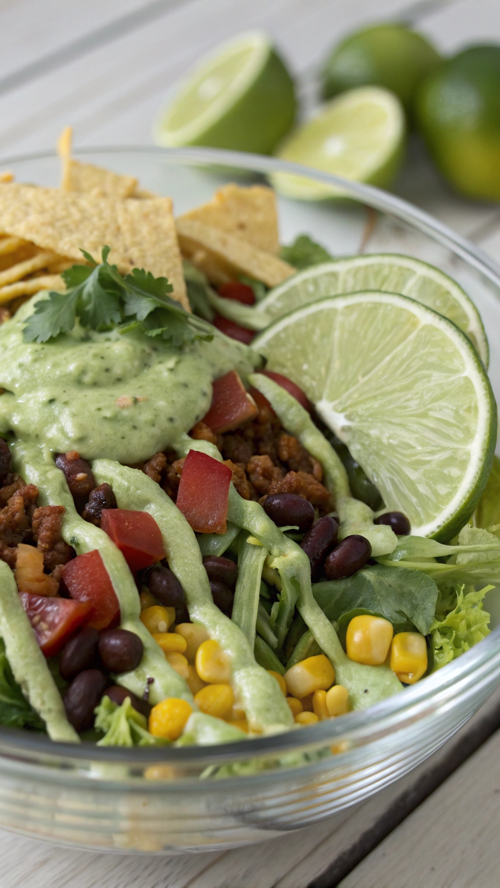 A colorful vegan taco salad with cilantro lime dressing, topped with tortilla strips and lime wedges.