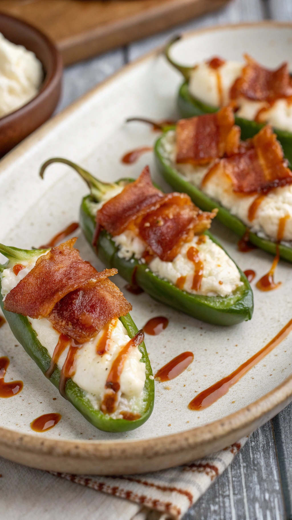 A plate of jalapeño poppers stuffed with cream cheese and topped with bacon.