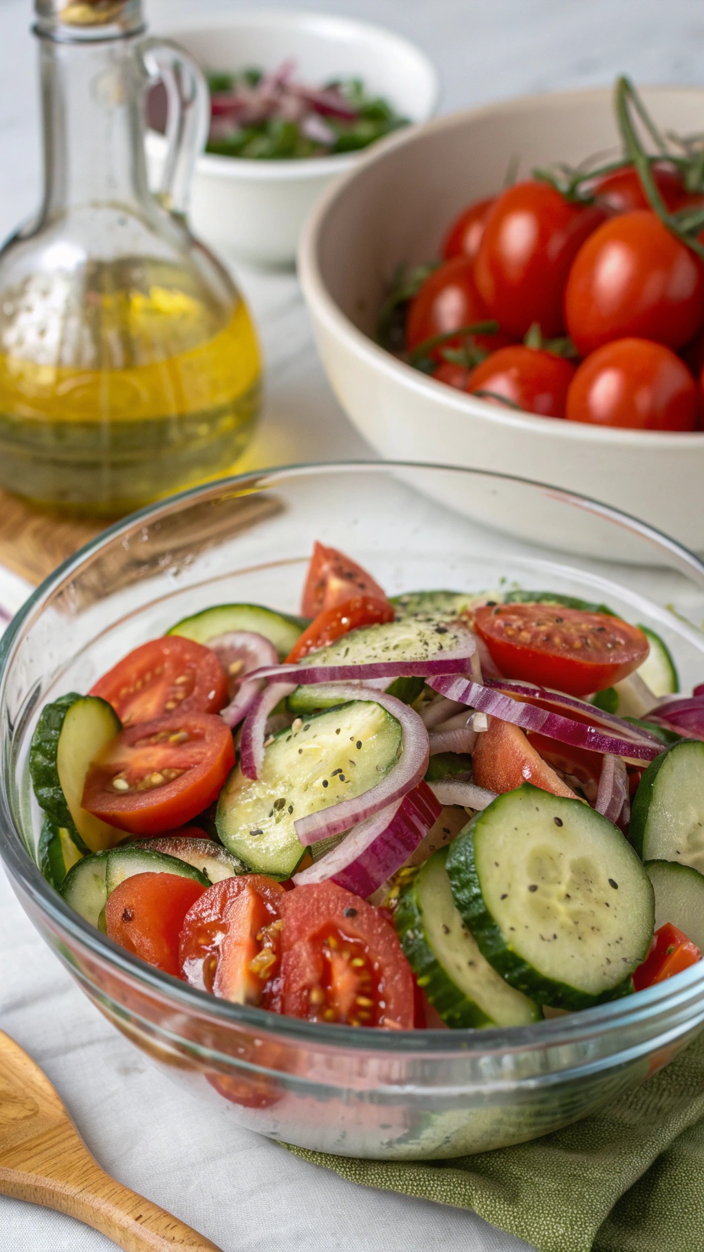 A bowl of tangy cucumber and tomato salad with red onions, placed on a wooden table with flowers in the background.