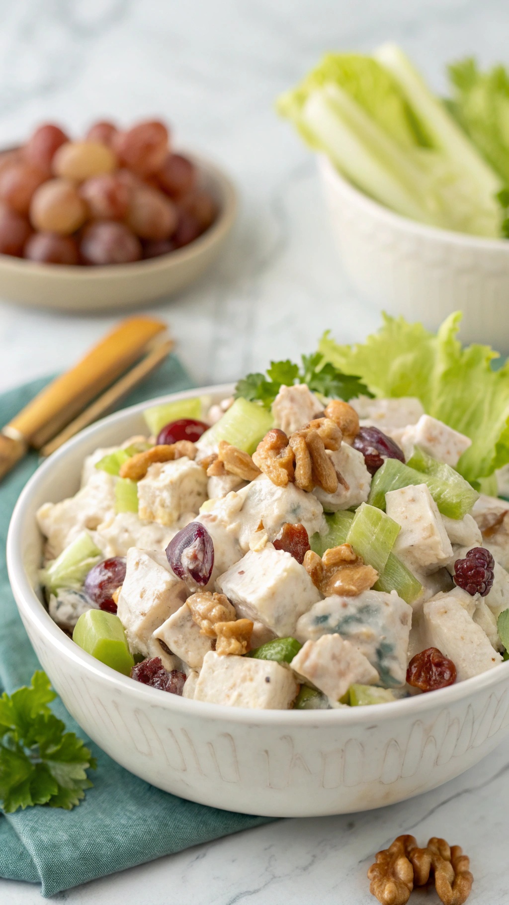 A bowl of Tangy Greek Yogurt Chicken Salad with chicken, grapes, celery, and walnuts.