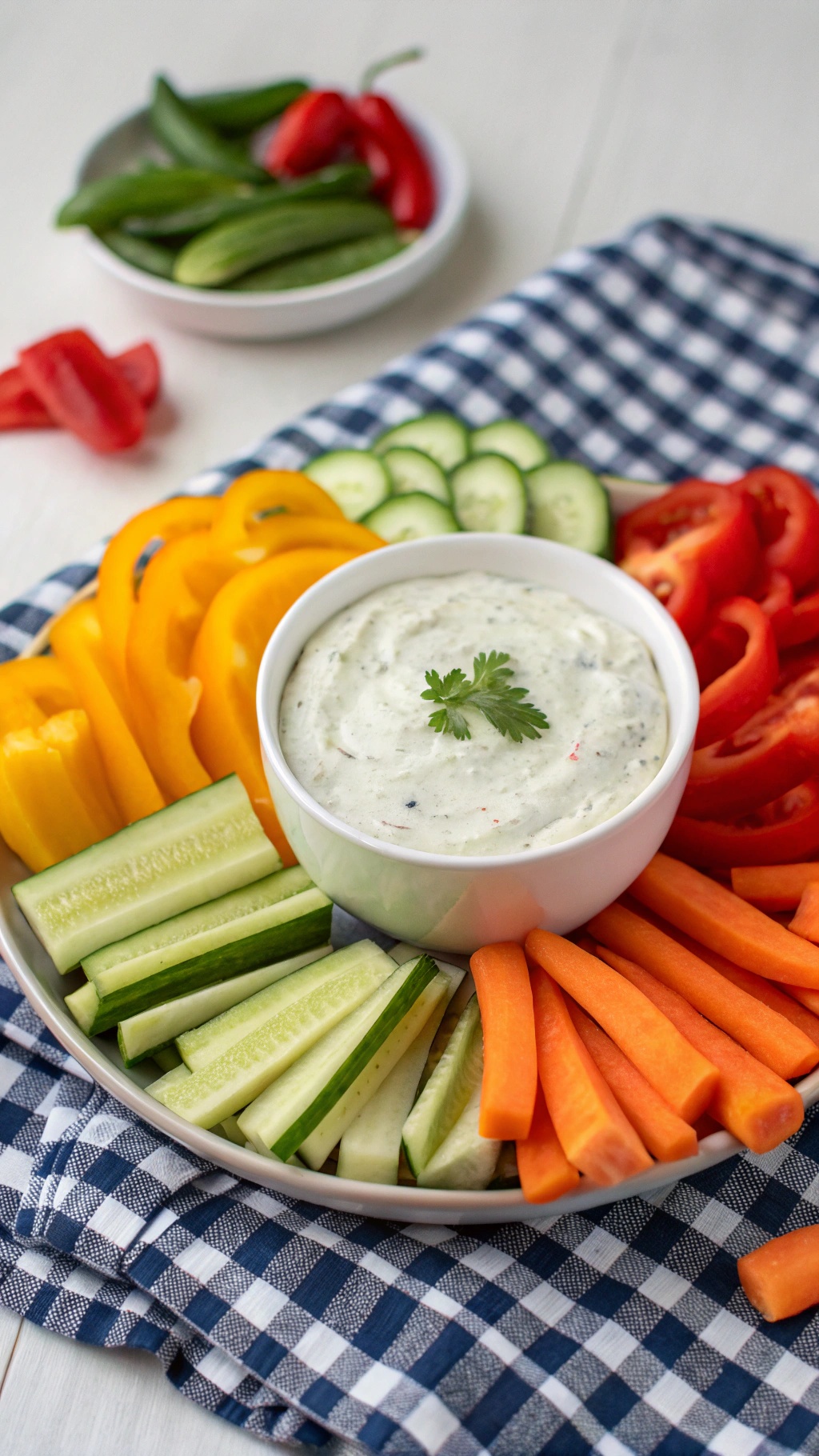 A colorful platter of fresh vegetables with a creamy Greek yogurt dip in the center.