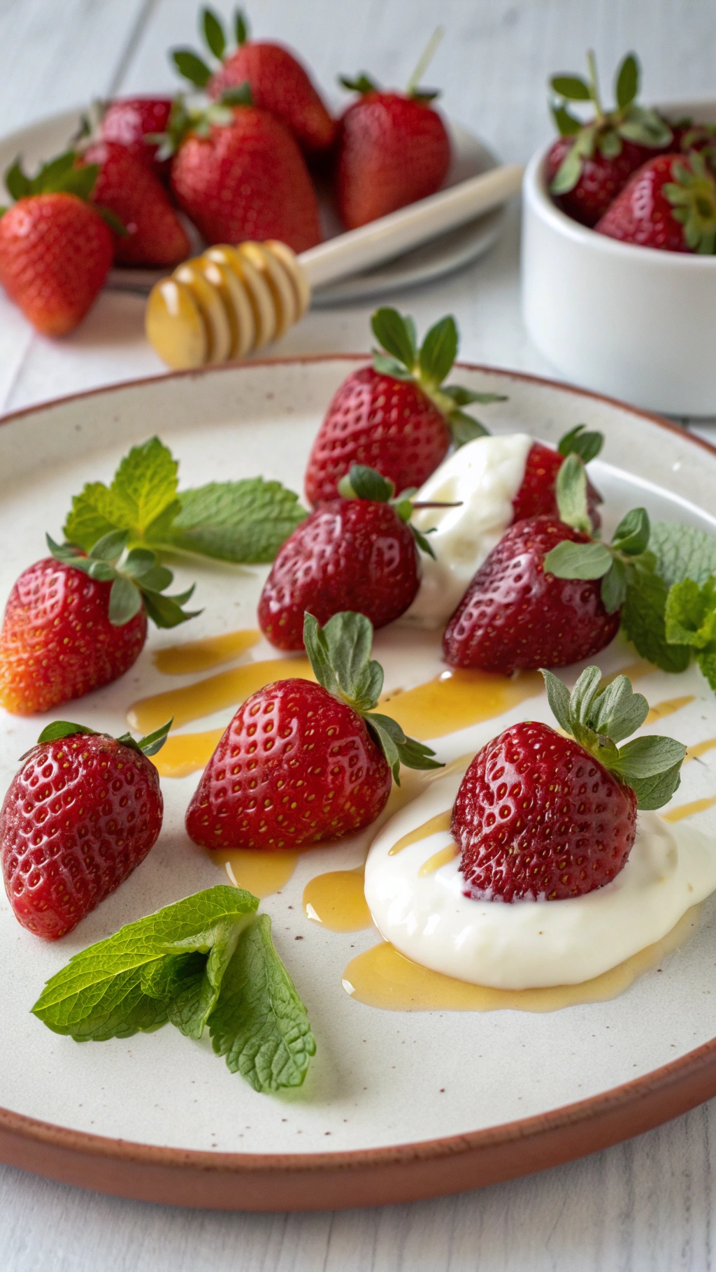 Plate of strawberries dipped in Greek yogurt with honey and mint leaves