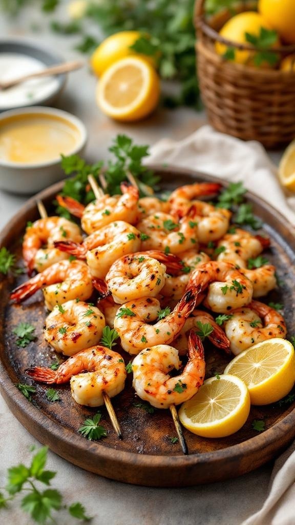 Grilled lemon garlic shrimp skewers on a wooden platter with lemon slices and fresh herbs