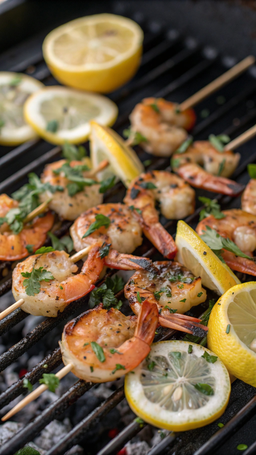 Grilled shrimp skewers with lemon slices and herbs on a grill