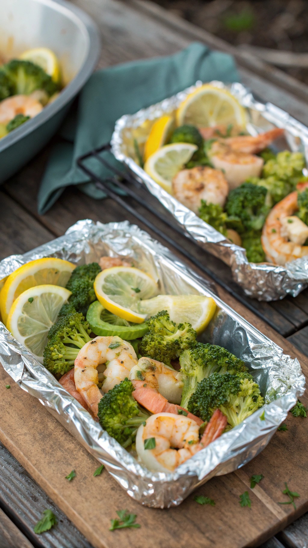 Foil packets with shrimp, broccoli, and lemon slices ready for cooking.