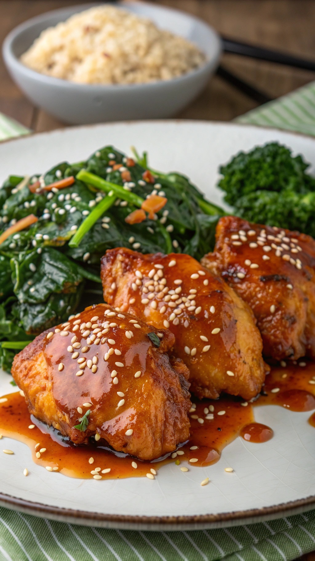 Tangy orange glazed chicken thighs served with spinach and broccoli