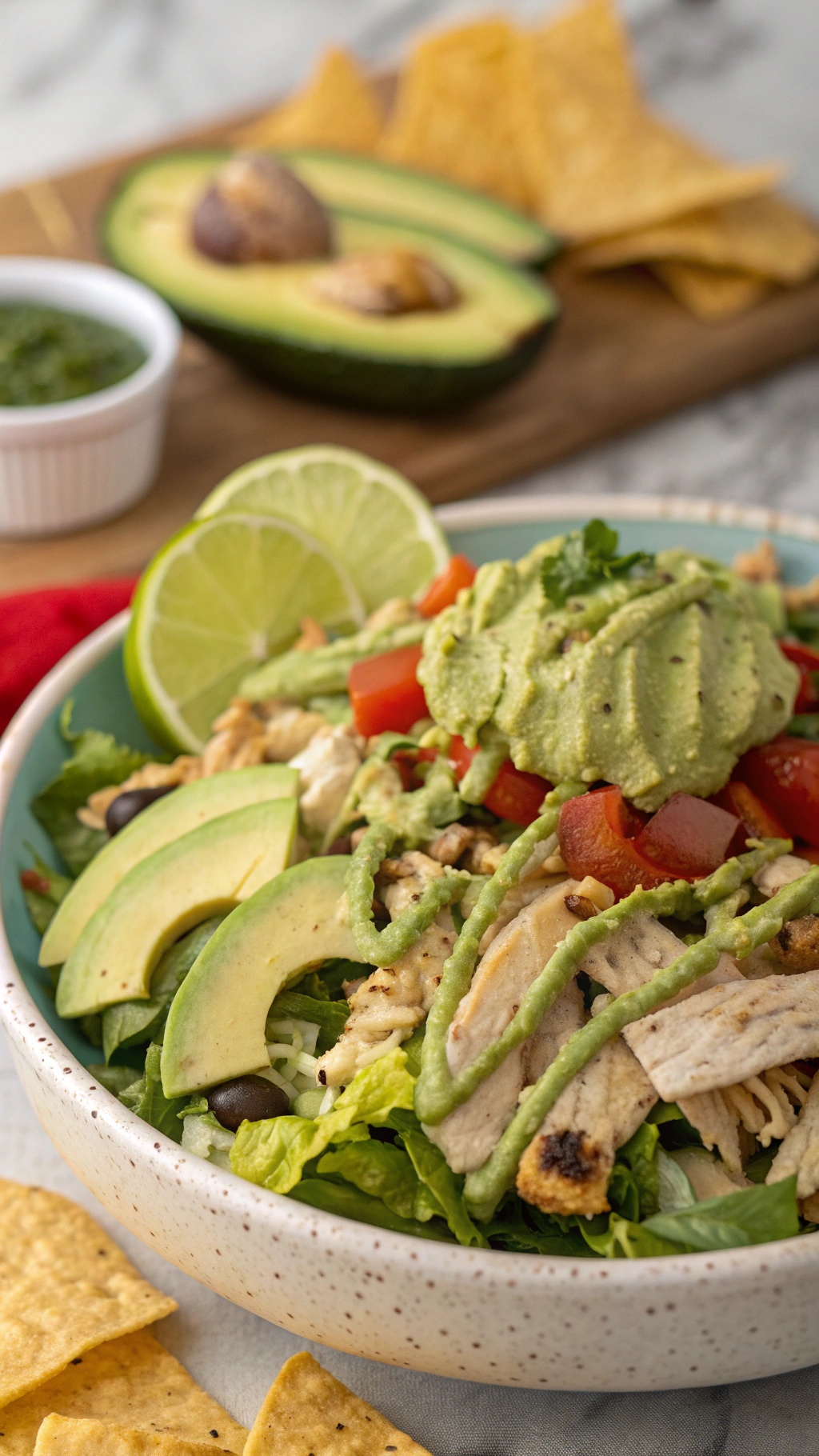 A colorful bowl of Tangy Salsa Verde Chicken Taco Salad with avocado, tomatoes, and lime.