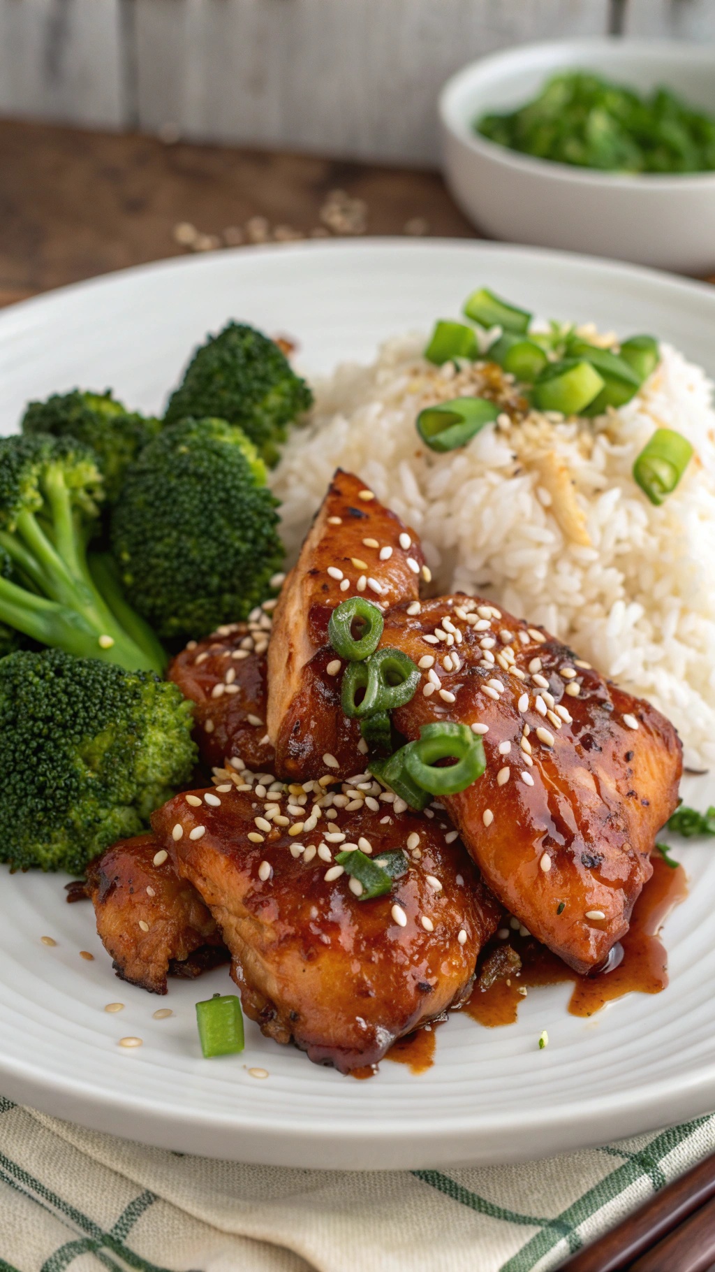 A plate of tangy teriyaki chicken served with broccoli and rice, garnished with sesame seeds and green onions.