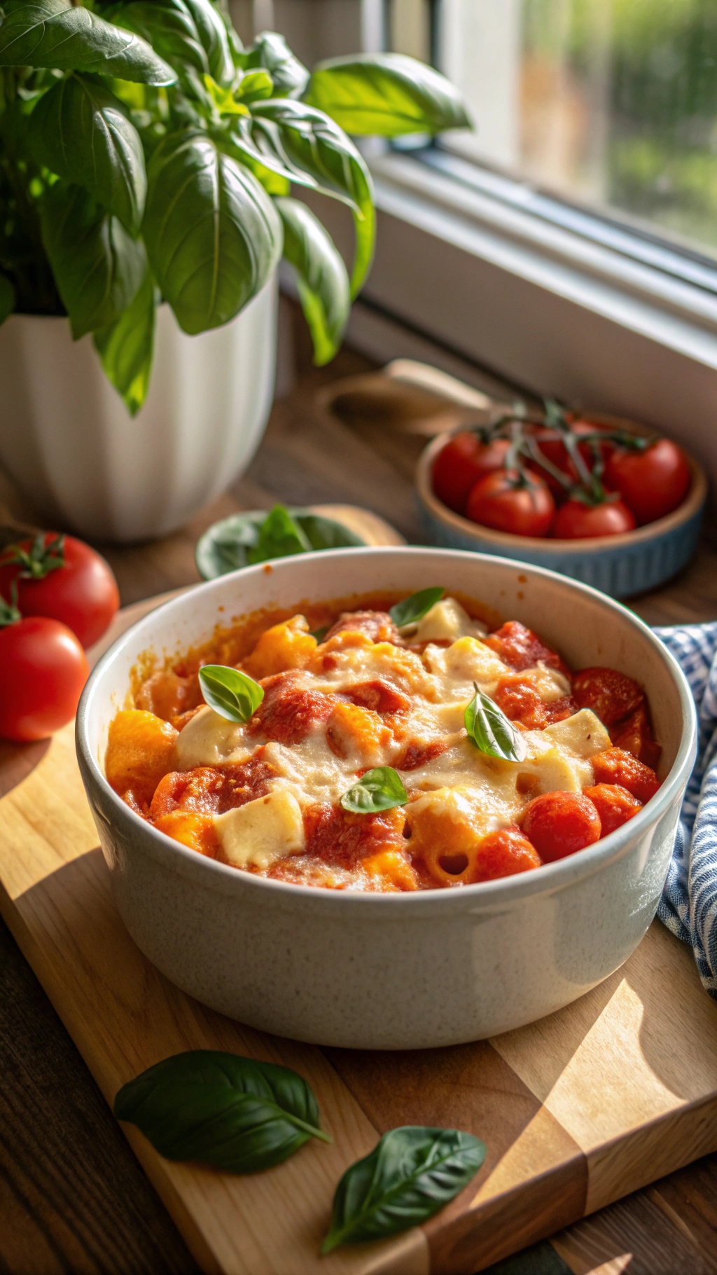 A bowl of Tangy Tomato Basil Keto Mac with fresh basil and cherry tomatoes