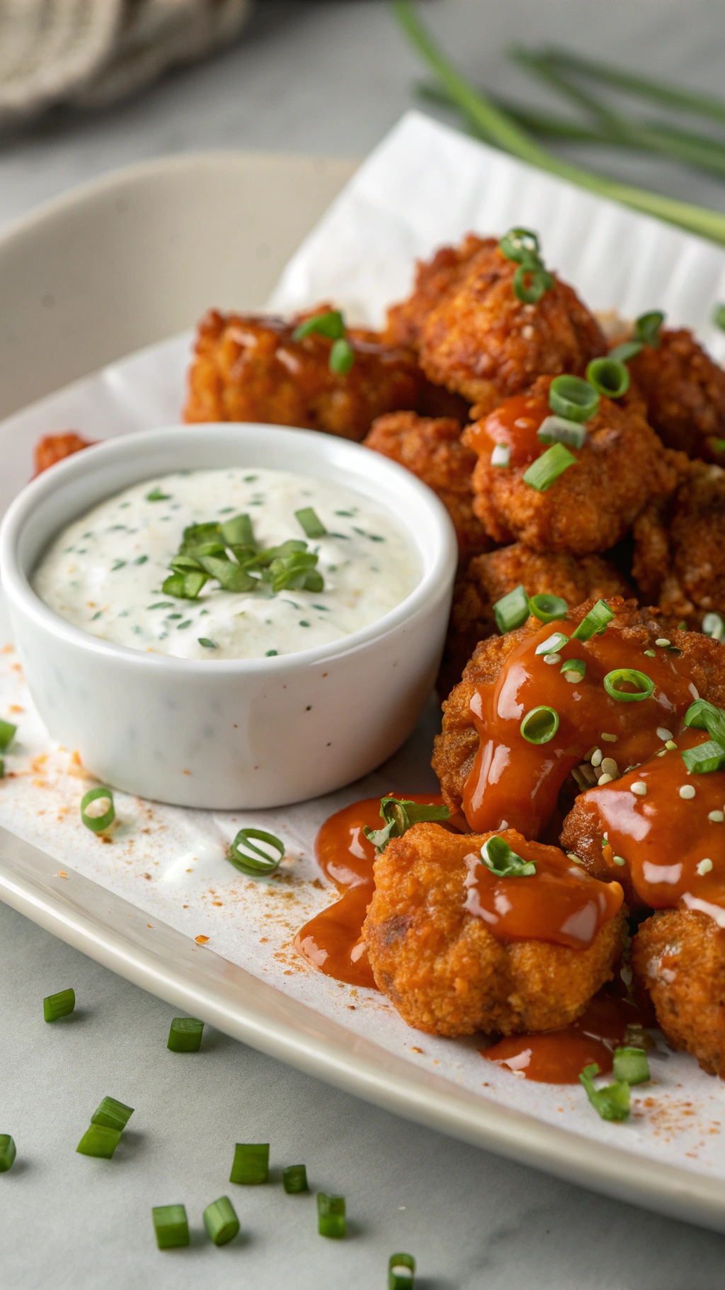 Buffalo cauliflower bites served with a creamy blue cheese dip, garnished with green onions.