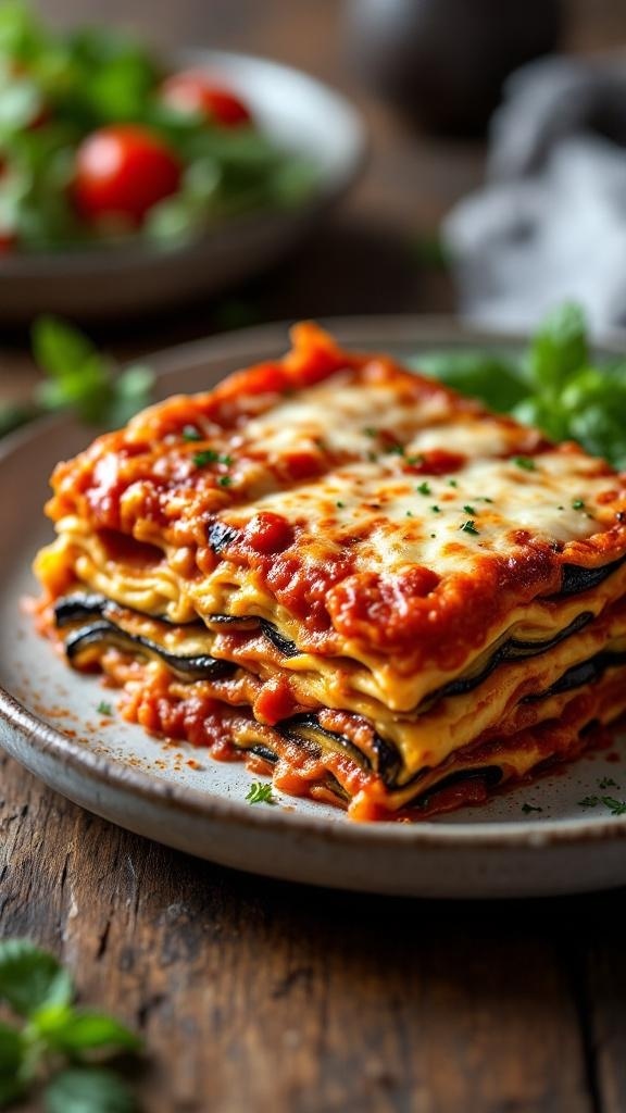 A plate of eggplant lasagna with layers of cheese and tomato sauce, garnished with herbs.