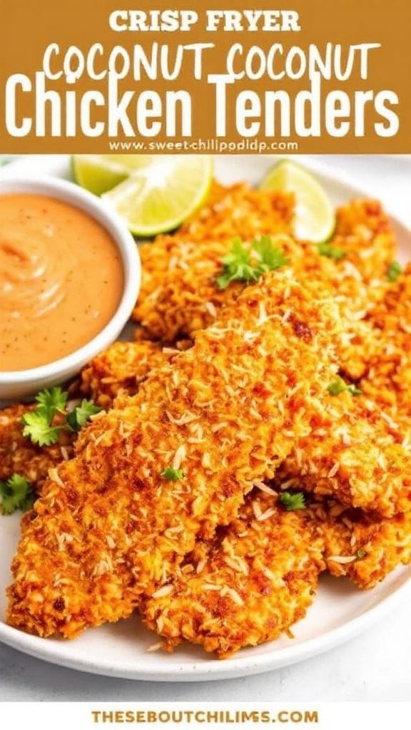 Crispy coconut chicken tenders served with sweet chili sauce and lime wedges