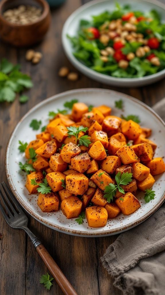 A plate of roasted sweet potatoes garnished with parsley, alongside a fresh salad.