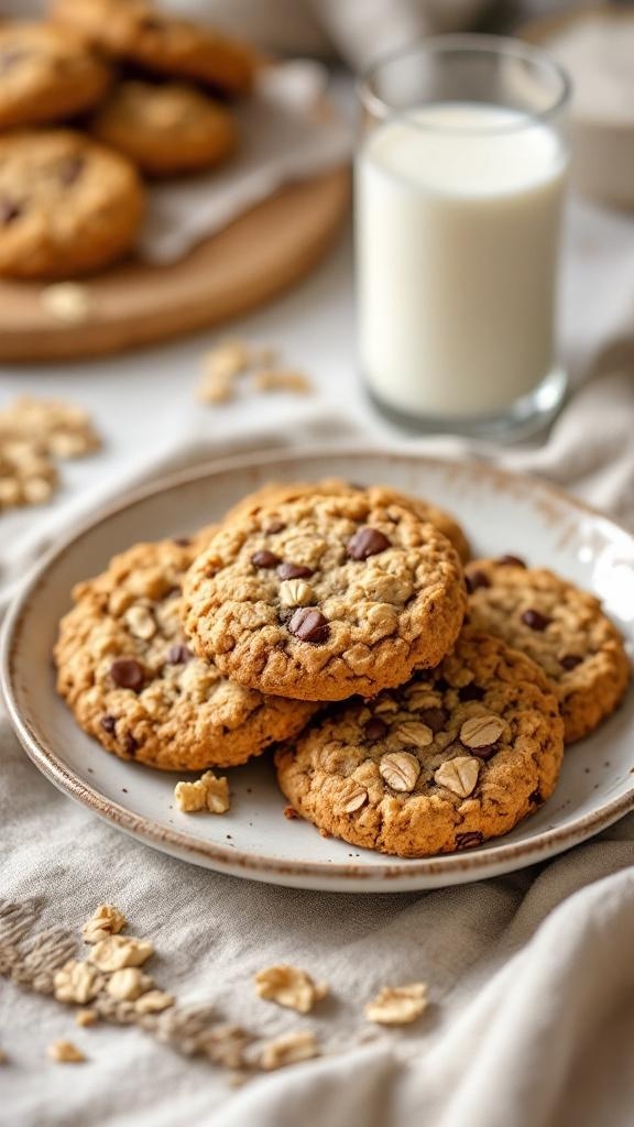 A plate of oatmeal cookies with chocolate chips and a glass of milk