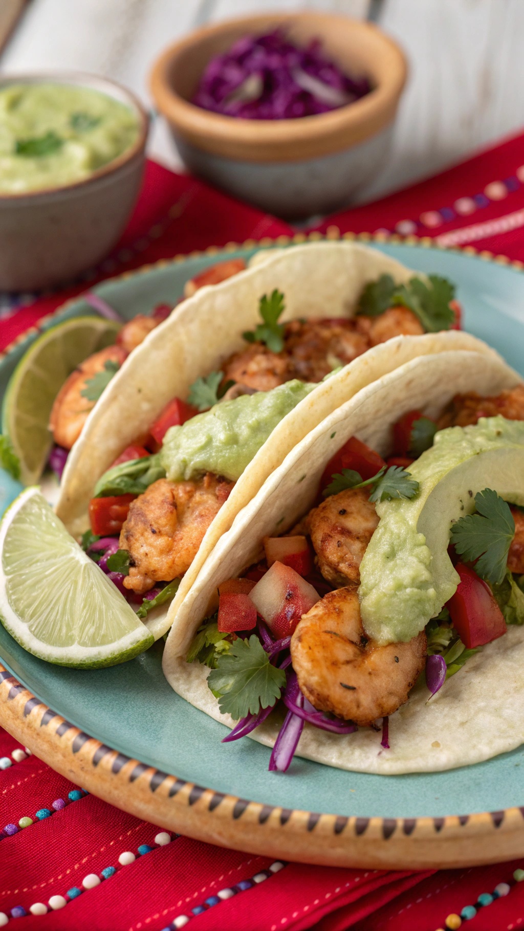 Shrimp tacos with avocado sauce, garnished with cilantro and lime, served on a colorful plate.