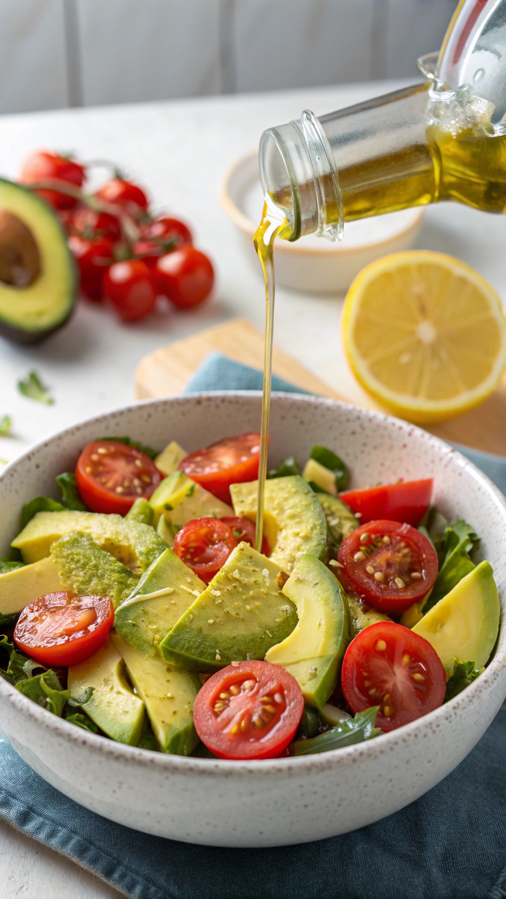 A bowl of avocado and tomato salad with olive oil being poured over it.